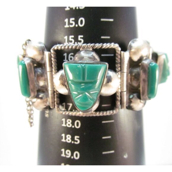 Sterling Silver Carved Green Onyx Tribal Face Mexican Link Bracelet Size 6.75 - Picture 5 of 16